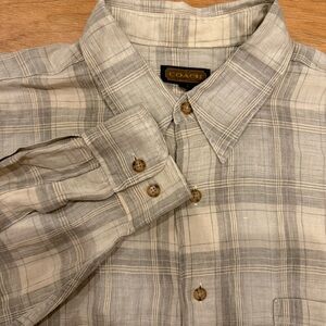 COACH 100% LINEN LONG SLEEVE BUTTON UP HI LOW HEM SHIRT SIZE L MADE IN USA PLAID